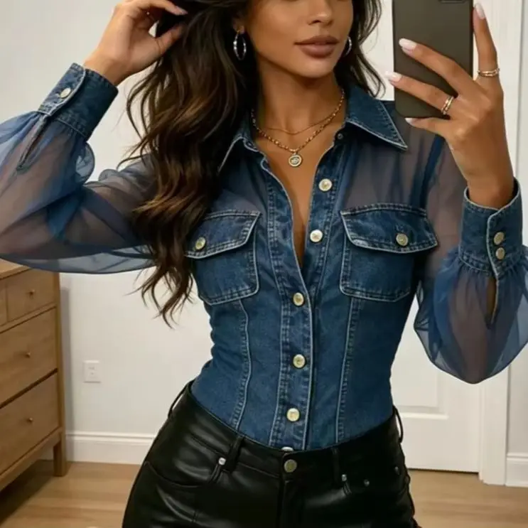 

Trendy Stylish Sheer Mesh Denim Shirt Designers Retro Women Top Elegant Office Chic Nightclub Party Outfit