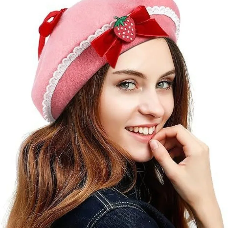 2026 New Women Pink Bow Strawberry Beret Winter Warm Sweet Wool Retro Painter Hat