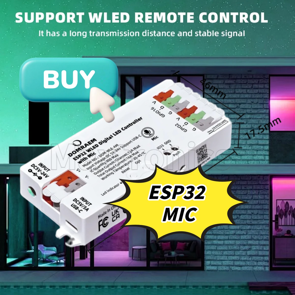 

НОВЫЙ контроллер светодиодных лент WLED ESP32 с максимальным домашним помощником 16 А WS2811 WS2812B SK6812 музыкальный микрофон USB-C 5 В Plug Play 2 выхода