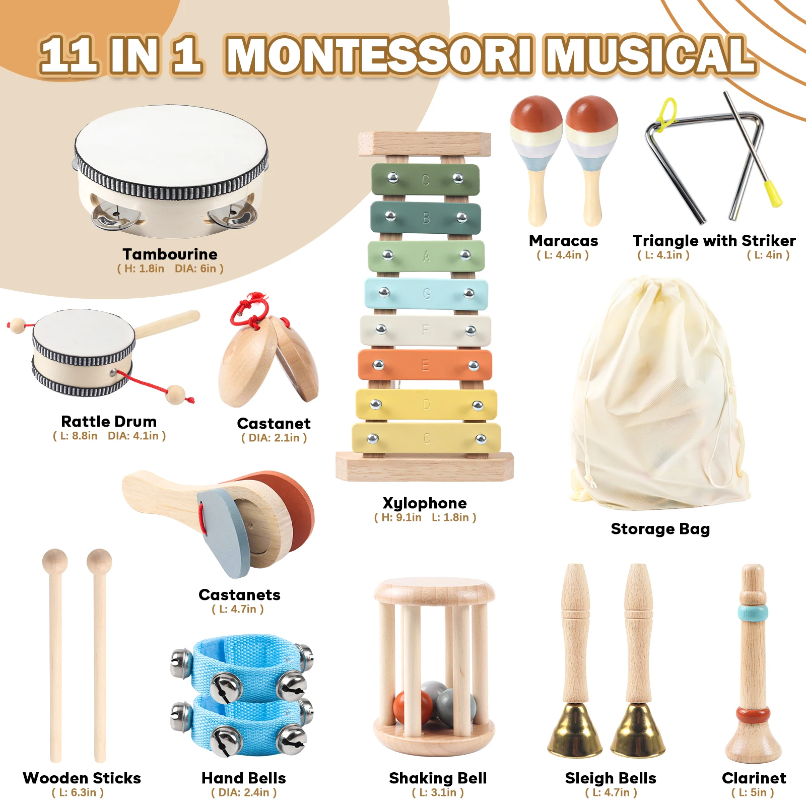 ชุดเครื่องดนตรีเด็ก 11 ชิ้นใน 1 ชุด, เครื่องดนตรีเคาะจังหวะทำจากไม้ ของเล่นสำหรับเด็กเล็ก เด็กก่อนวัยเรียน ชุดของเล่นดนตรีเพื่อการศึกษาสำหรับเด็ก B