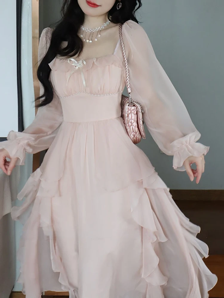 

Pink Chiffon Vintage Sweet Dress Women A-Line France Elegant Party Midi Dress Female Korean Style Flare Sleeve Dress Summer 2023