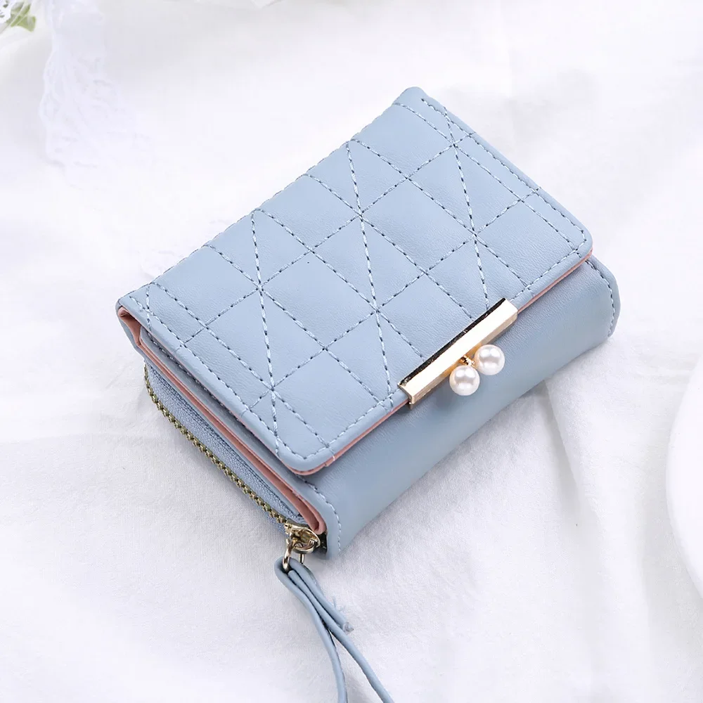 

Модный женский кошелек ярких цветов из искусственной кожи, однотонный винтажный короткий кошелек с жемчугом, женский держатель для карт, клатч