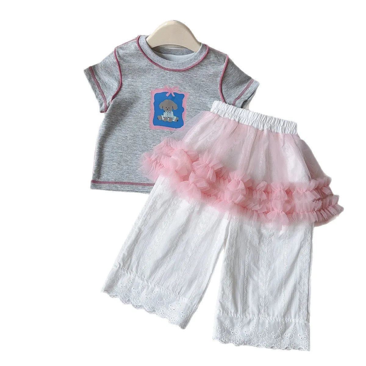 2026 Summer Girls Cartoon Printed Short Sleeve T-shirt, Mesh Spliced Wide Leg Pants 2 Piece Outfit for