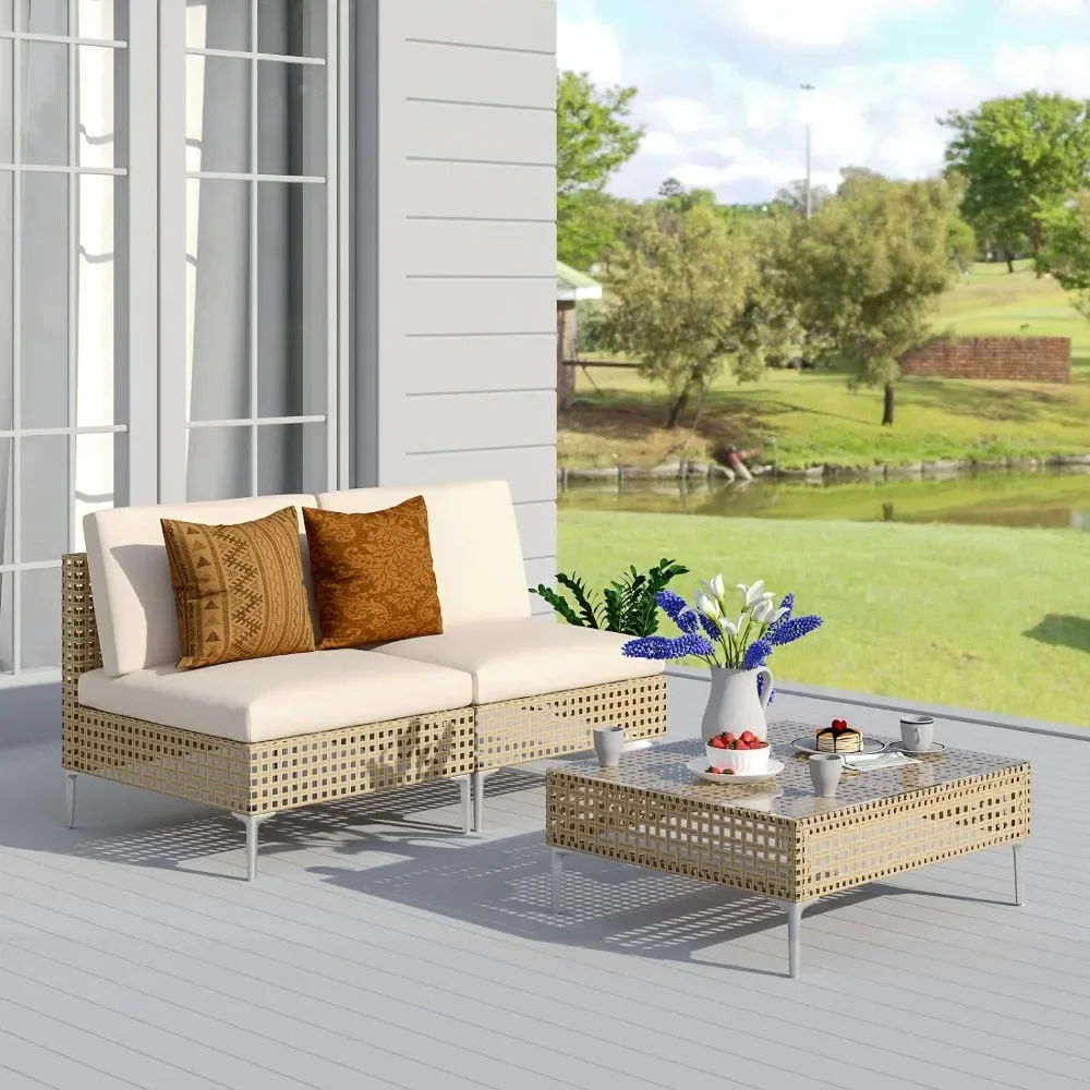 

3-Piece Wicker Patio Furniture Set, Outdoor Sectional Sofa with Water Resistant Beige Thick Cushions and Coffee Table