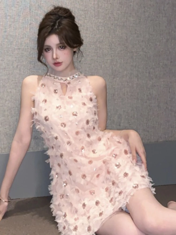 Sequined Party Dresses Sweet Pure Design Wind Sexy Mini Dress Three Dimensional Flowers Vestidos