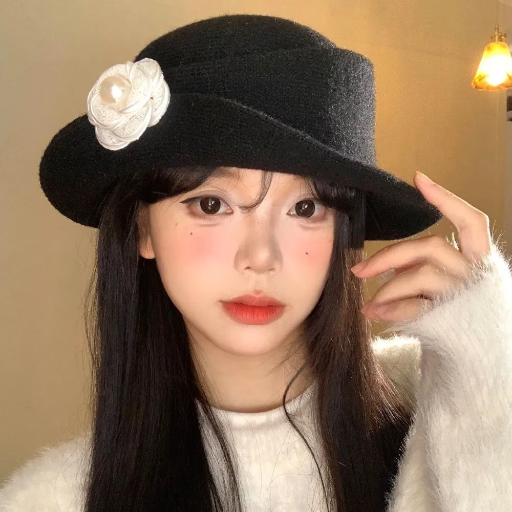 

French Style Hepburn Style Topper Hat Woolen Flat-top Black Felt Hat Wide Brim Photography Decoration Women Jazz Hat Bride