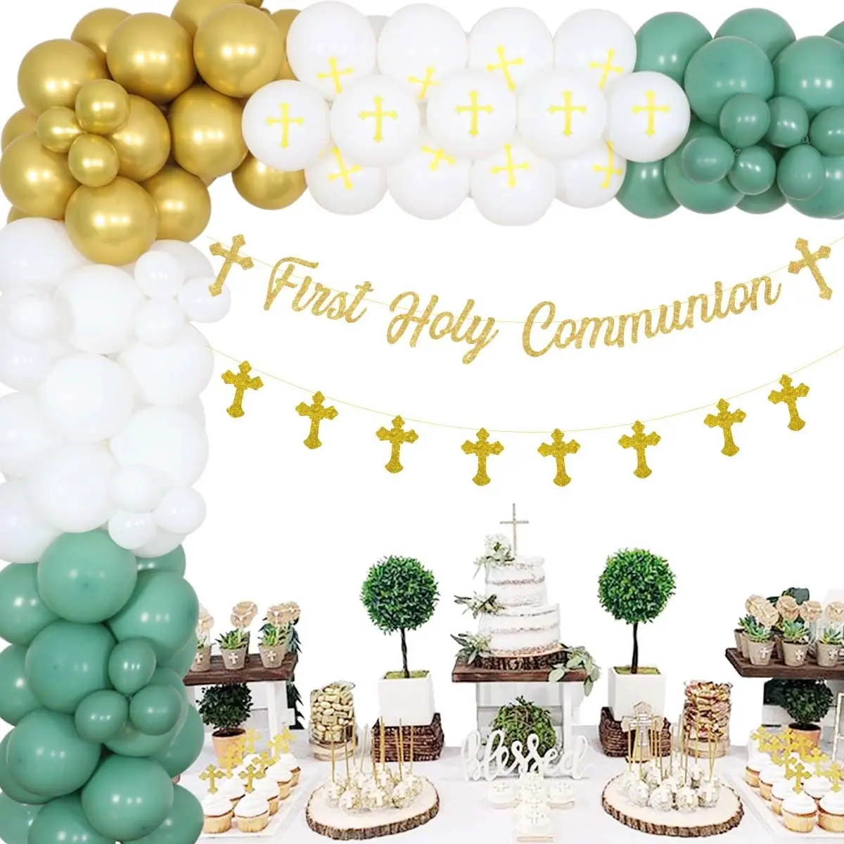 Funmemoir Sage Green Gold Christening & Baptism Party Decorations First Holy Communion Cross Banner Balloon Garland Arch Kit