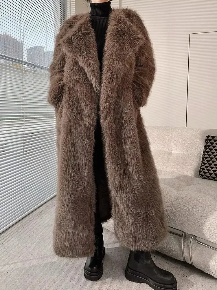 New Winter Long Brown Thick Warm Soft Faux Mink Fur Coat Women Long Sleeve Elegant Luxury Chic Fluffy Jacket Furry Overcoat 2024