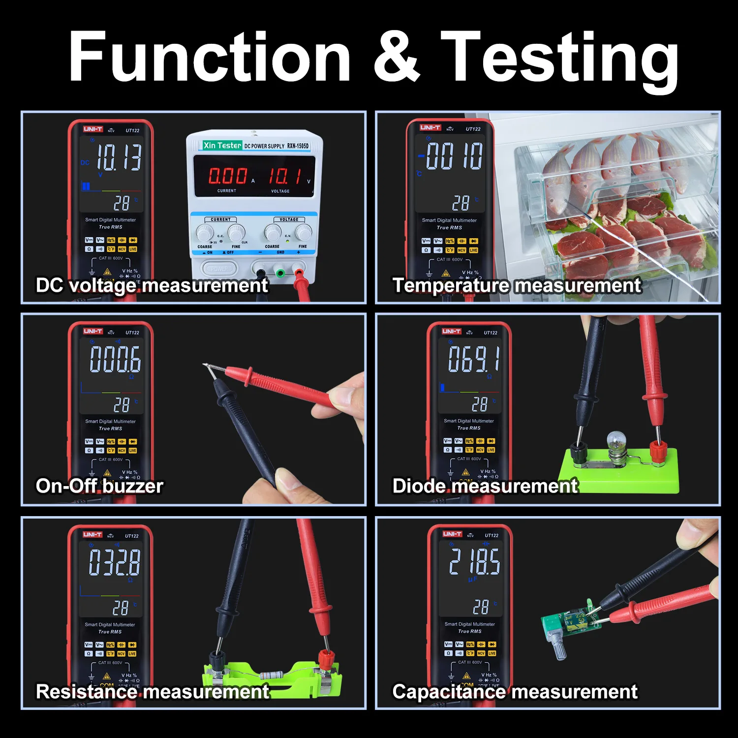 UT122 UT121A/UT121B/UT122 Tipo di scheda Gamma automatica Multimetro intelligente DC AC Resistenza Diodo Tester Capacità NCV Voltmetro