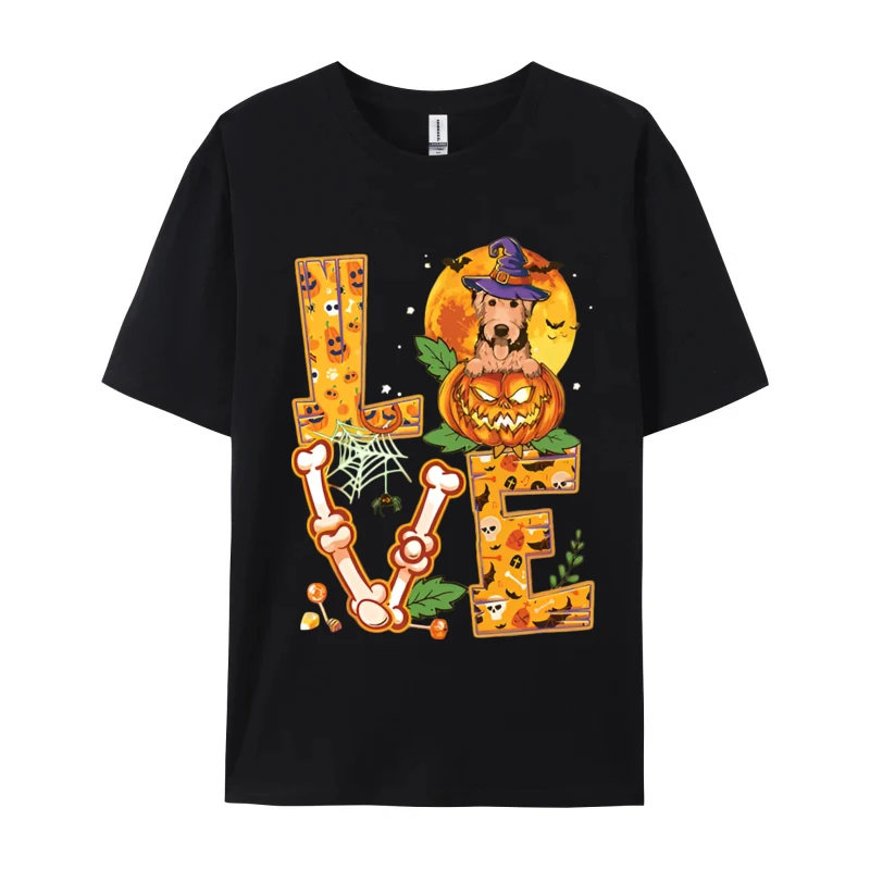 Love Airedale Terrier Pumpkin Dog T-shirt Halloween Mens T Shirts Funny Printed Tee Tops Black Graphic Tee Free Shippping