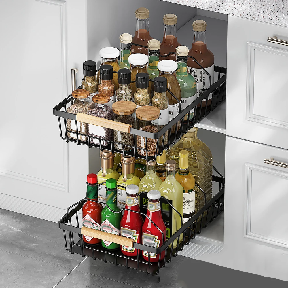 Pull Out Cabinet Organizer, No Drill Pull Out Drawers Multifunctional Under Sink Storage Sliding Kitchen Storage Drawer