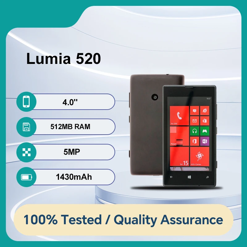 Разблокированный оригинальный Lumia 520 8 ГБ ПЗУ 512 МБ ОЗУ 4,0-дюймовый дисплей 5 МП с одной камерой GSM 900/1800 Bluetooth мобильный телефон