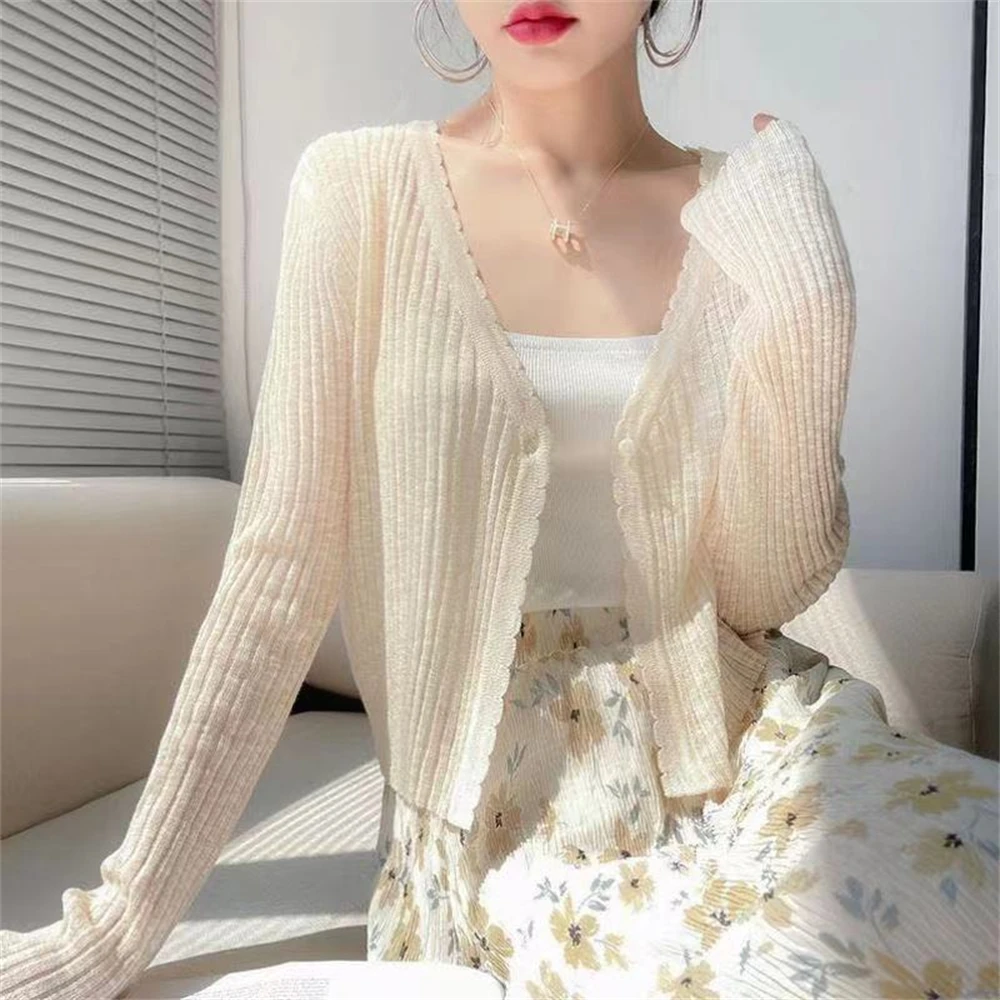 2024 Ice Silk Knitted Sunscreen Cardigan Thin Women's Summer Shawl Top Hoodie Short Air Conditioning Jacket