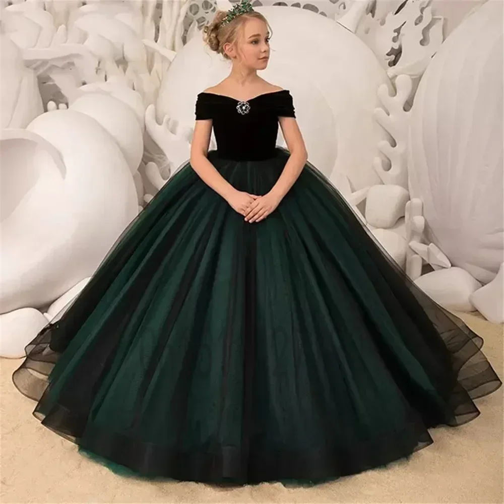 

Flower Girl Dresses Black Green Wedding Ruffles Tulle Bow Fleeciness Custom Pageant Gowns Communion Dress