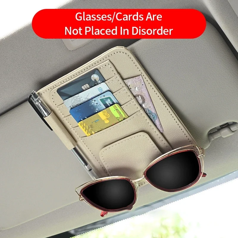 Black Car Sun Visor Organizer Beige Multi-pocket Auto Interior Accessories Leather Sunglasses Holder Card Glasses Clip Sunshade