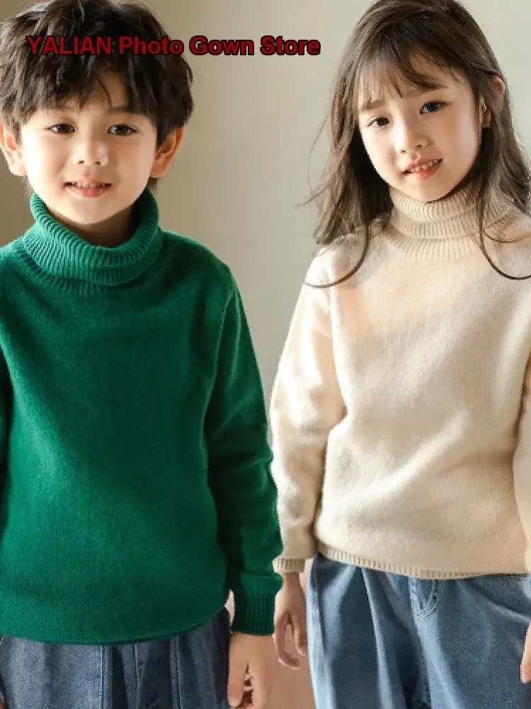 Boys Girls Turtleneck Sweater Kids Autumn Winter Cashmere Knit Top Solid Color Thickened Warm Infant High Neck