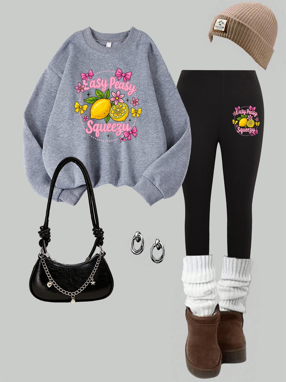 

2 Piece Womens Easy Peasy Squeezy Bow Lemon Fruit Prints Sweatshirt Leggings Set Winter Warm Fleece Hoodie Pants Street Clothes