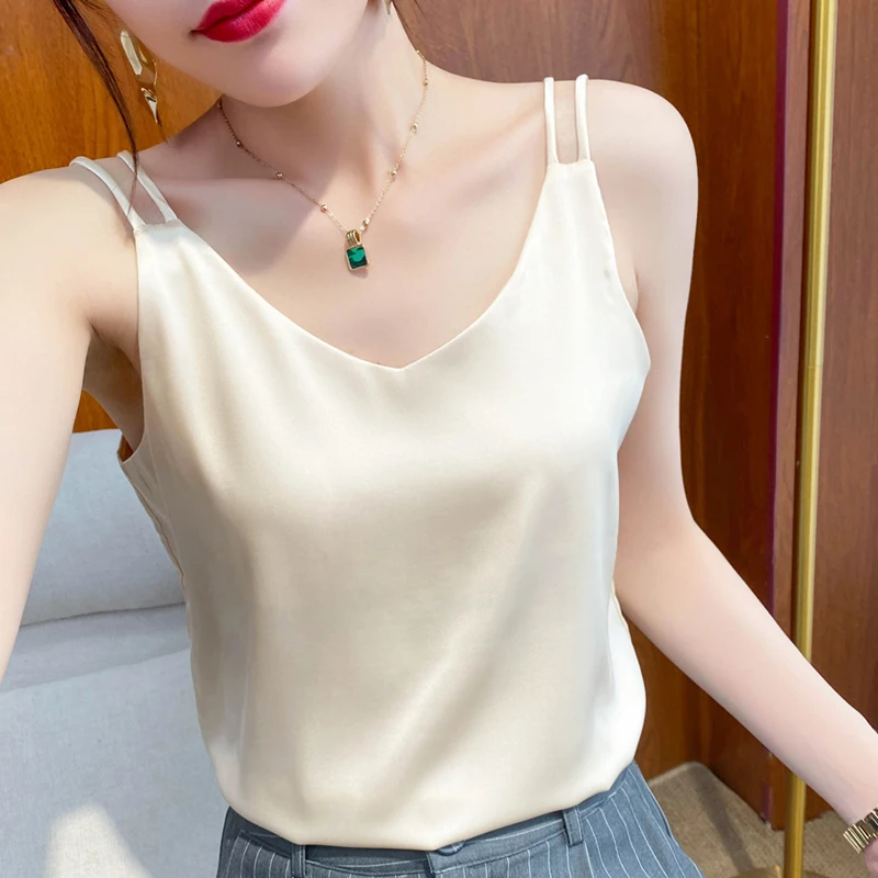 

Шелковый жилет Csole, женский внутренний костюм, белый черный атласный шелковый топ, весна-лето, маленький v-образный вырез