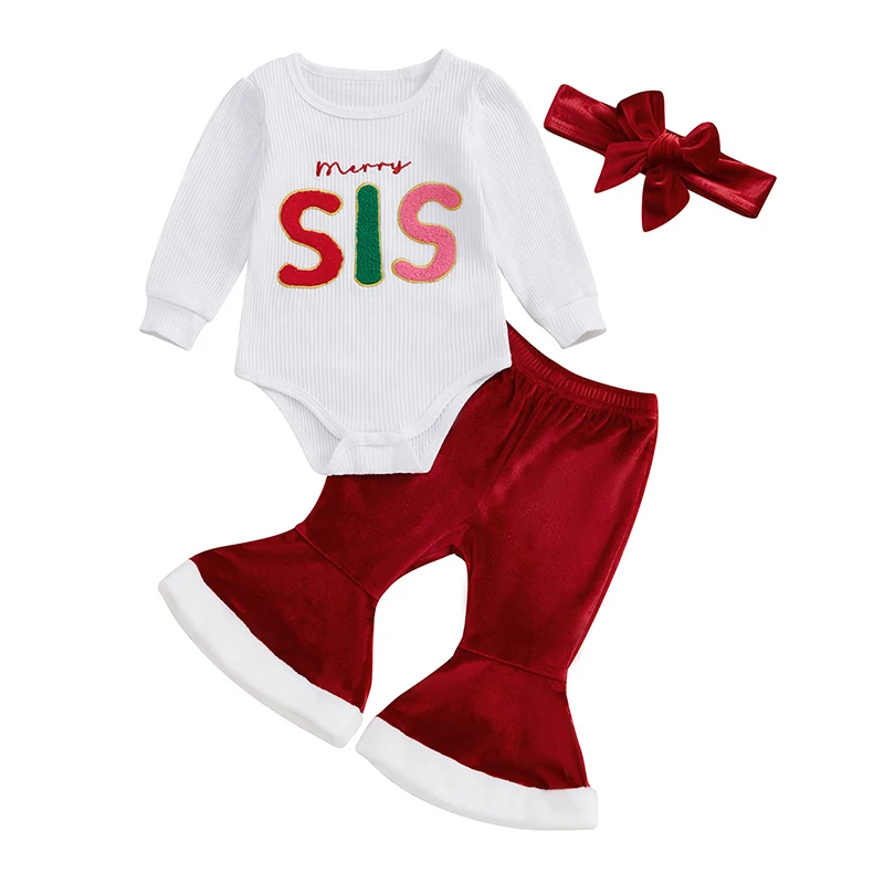 Baby Girl Christmas Outfits Long Sleeve Romper with Velvet Flare Pants Headband Set Newborn Clothes