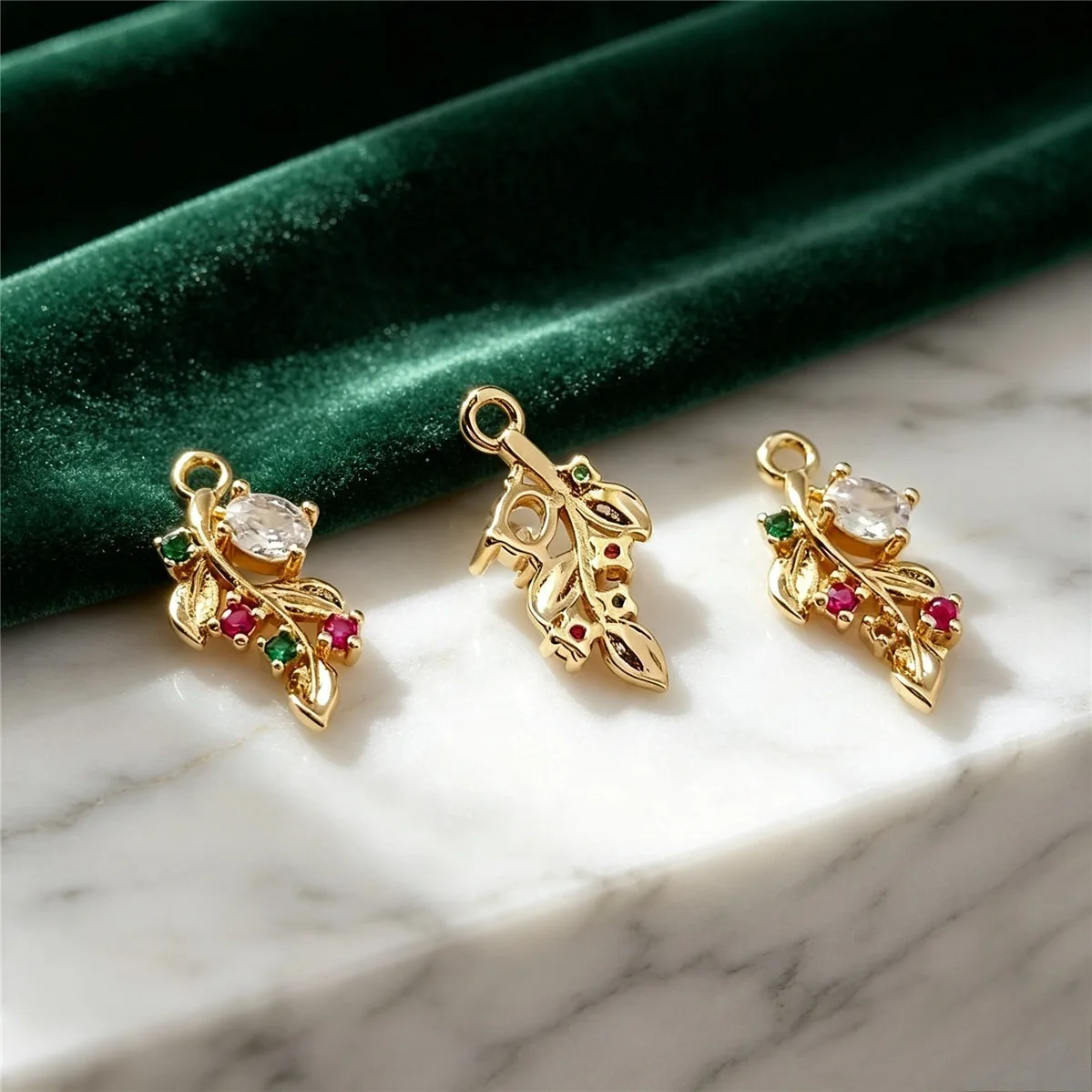 Gold Plated Leaf Branch CZ Charms Colorful Crystal Floral Pendants For DIY Necklace Bracelet Earring Jewelry Making Findings