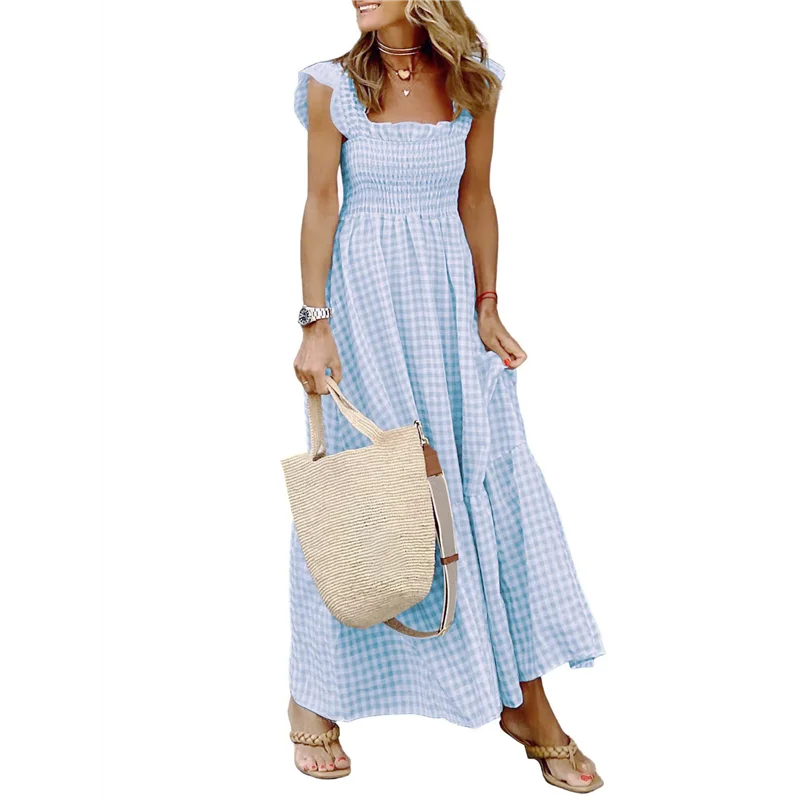 FX-Abito lungo da donna con volant scozzese retrò e cinturino per spaghetti