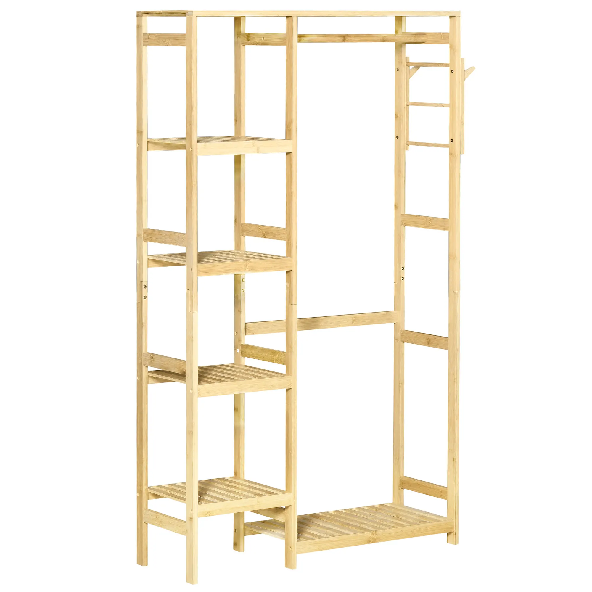 HOMCOM Bamboo Donkey Rack 4-tier Shelf Stand Rack with Bar Lower Shelf and Side Hanger for Clothes Bags Bedroom 90x30x155 cm Natural