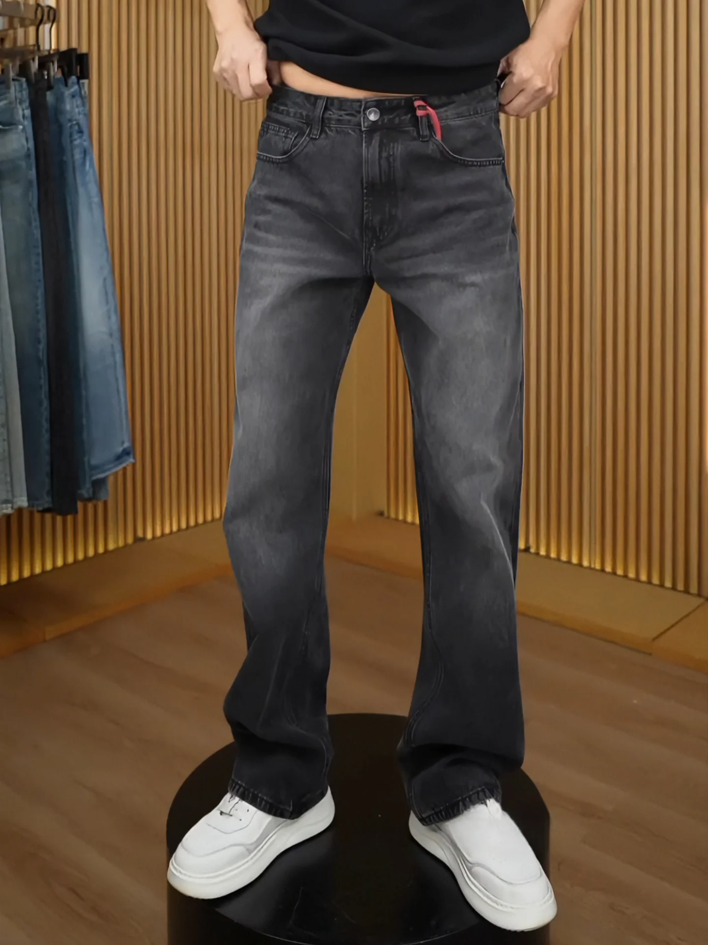 

Faionable Retro Waed Denim Jeans Thi Warm Comfortable Casual Pants for Men Straight Leg mid Waist Zipper Closure