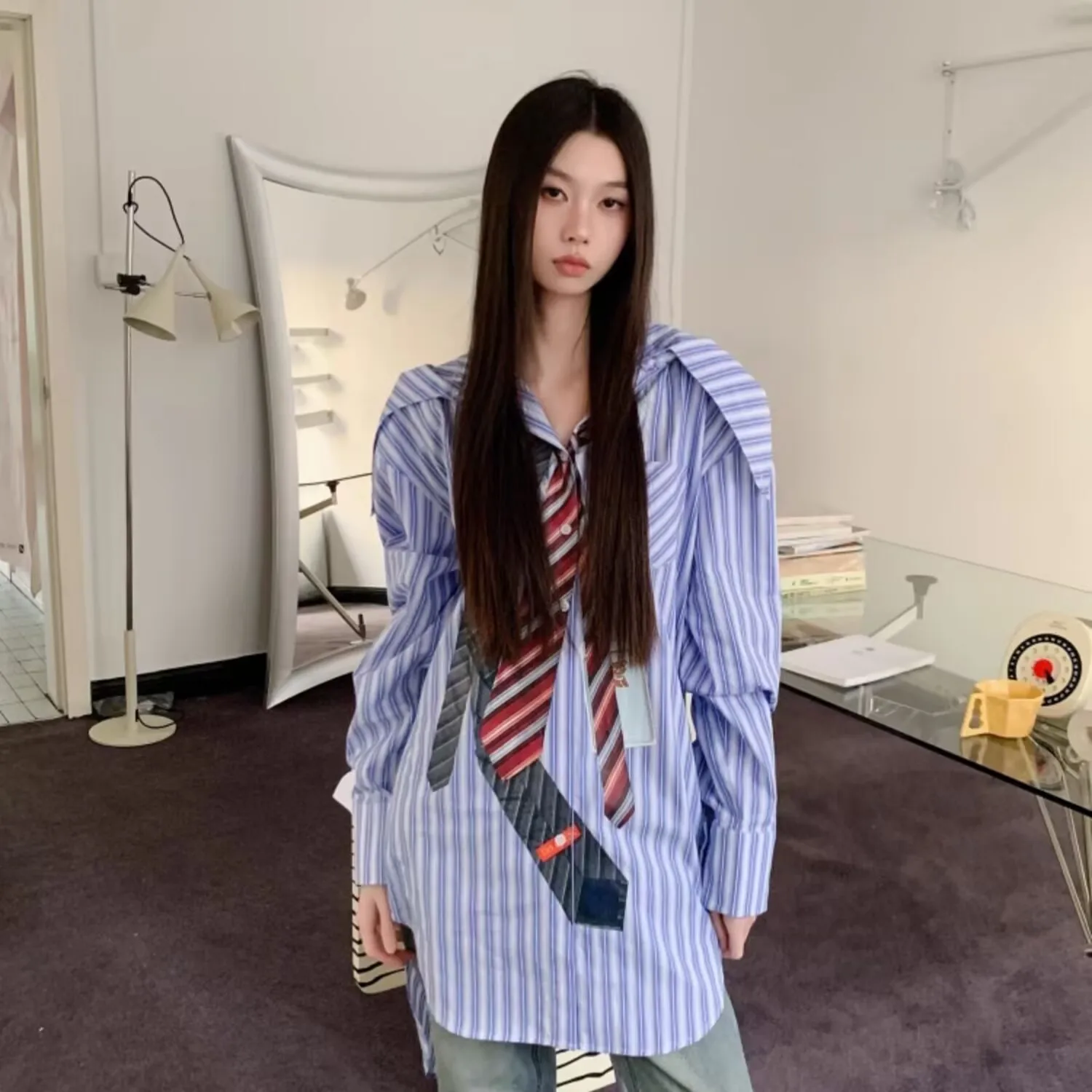 春ブラウス女性ストライプフード付き長袖特大韓国ファッションカジュアルシャツ Y2k ヴィンテージオフィスレディトップス Mujer