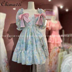 Princess Puff Short Sleeve Dress Summer New Fashion Sweet Bow Ruffled High Waist Slimming Girly Elegant Party Dress for Women