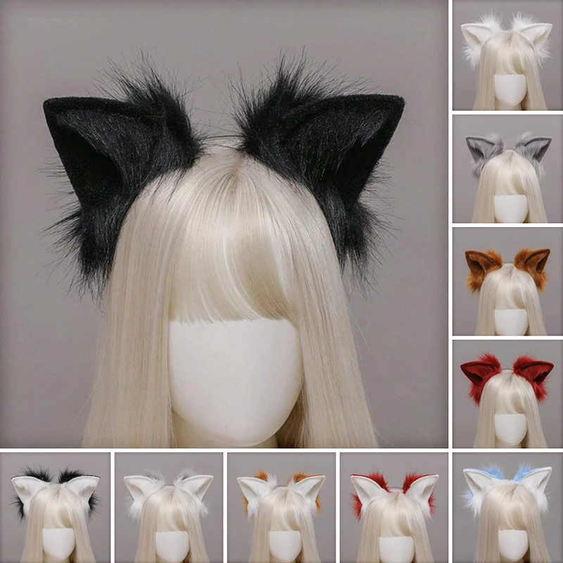 Cute Faux Fur Wolf Ears Headband Realistic Furry Fluffy Animal Headband Lolita Anime Masquerade Cosplay Costume Hair Accessories