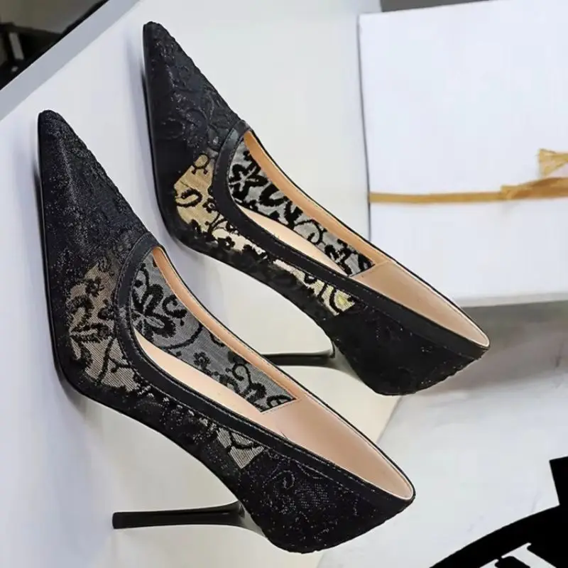 Women Elegant Decoration Air Mesh 9.5cm High Heels Pumps Female Chic Party Celebration Shoes Lady Fashion Pointed Toe Shoes