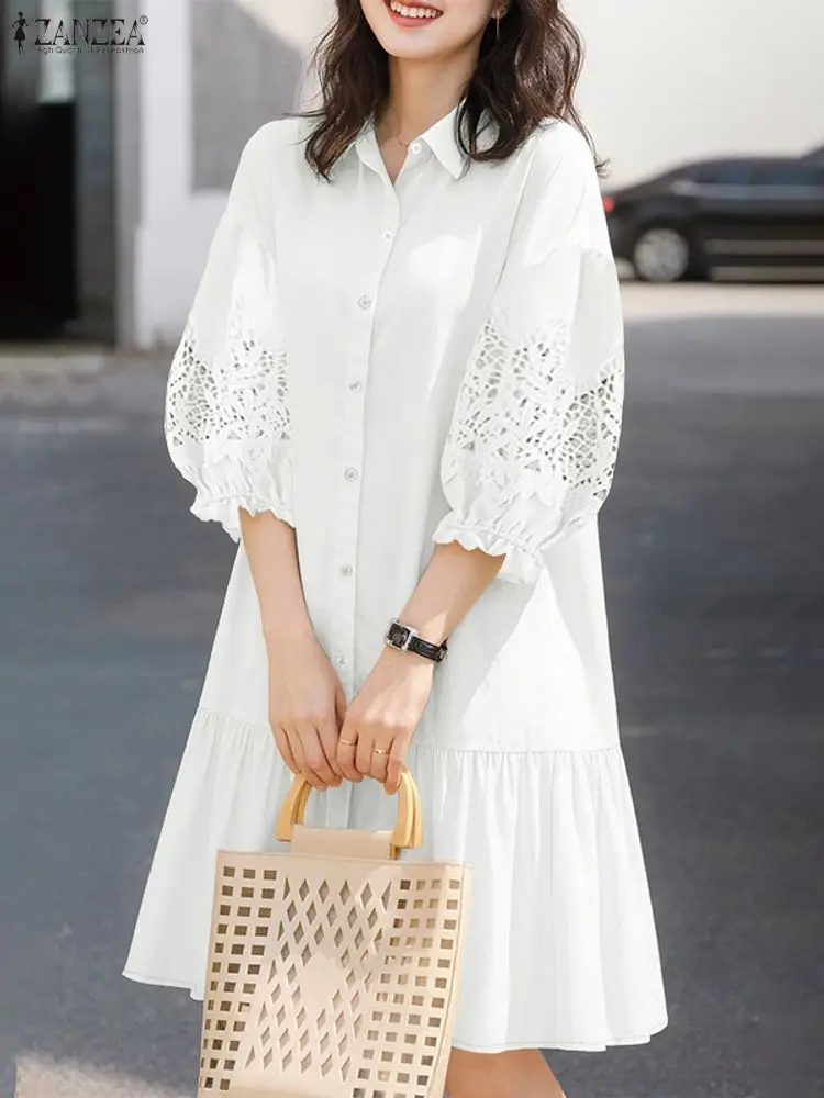 2026 ZANZEA Estate Del Merletto Crochet Vestito Estivo Delle Donne Alla Moda Camicia Ricamata Vestito Manica 3/4 Mini Vestito di Lavoro D'ufficio Abiti Robe