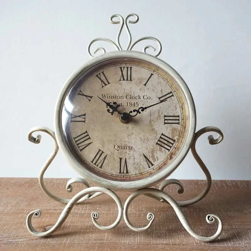 Vintage Retro Iron Ornament  Operated Silent Table Clock Home Bedroom Living Room Office Decor