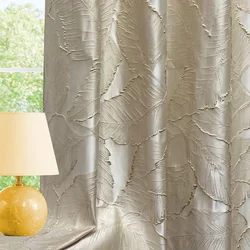 1Panel Semi-Sahde Bedroom Curtains ,Bronzing Leaf 3D Jacquard Design ,White Window Screen Tulle Drape Decoration for Living Room