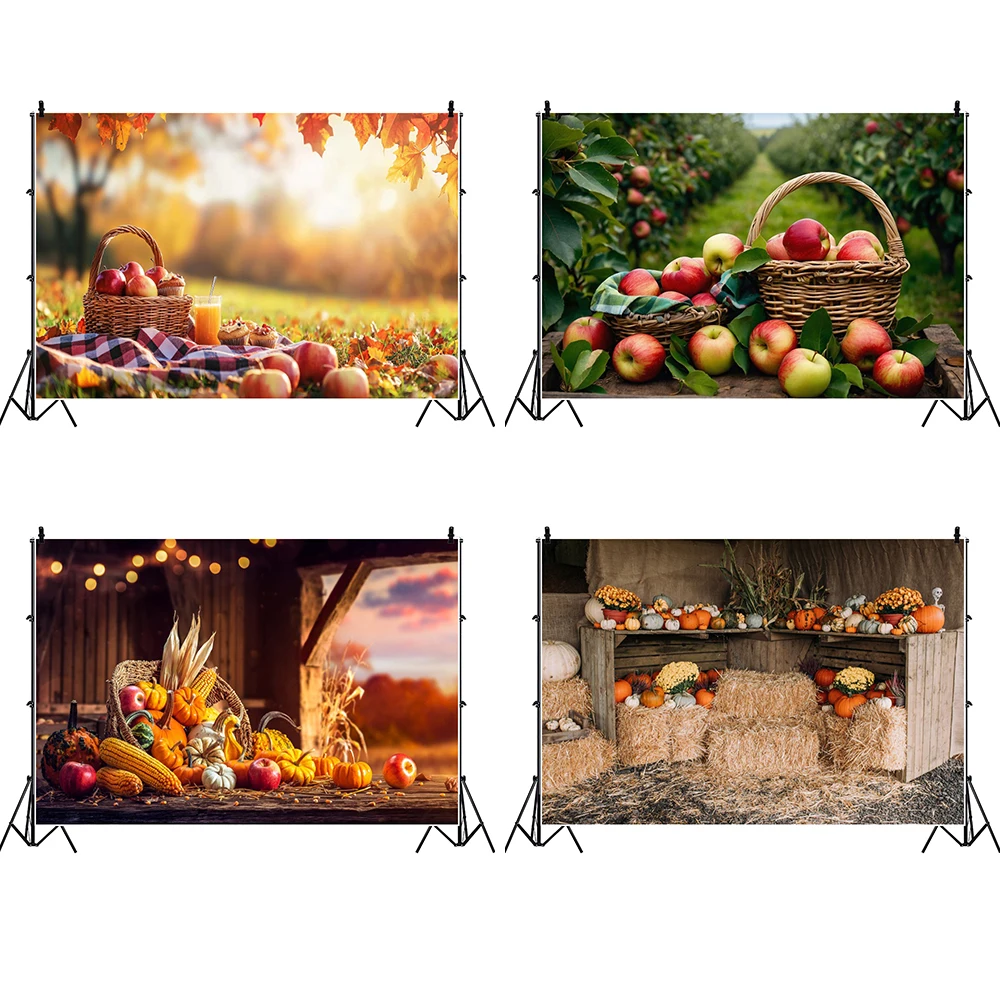 Fall Harvest Fruit Pumpkin Background Straw Stacks Wheat Thanksgiving Farm Decoration Banner Birthday Party Backdrop Photo Booth
