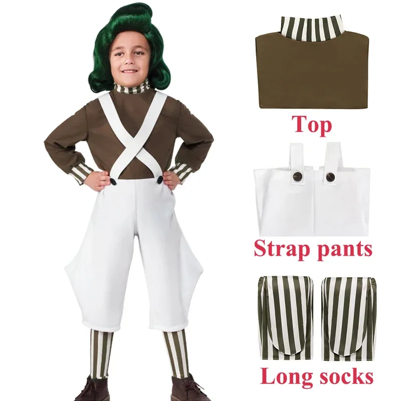 Película Chocolate Factory Oompa disfraz de Cosplay niños Tops pantalones con tirantes calcetines largos conjunto completo niños Loompa traje de juego de rol Halloween