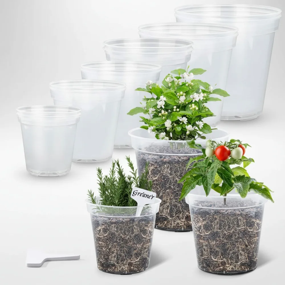 

Clear Plastic Plant Pots with Holes & 20 Labels, 5-10 Inch Multi-Size Set for Orchids Succulents Seedlings