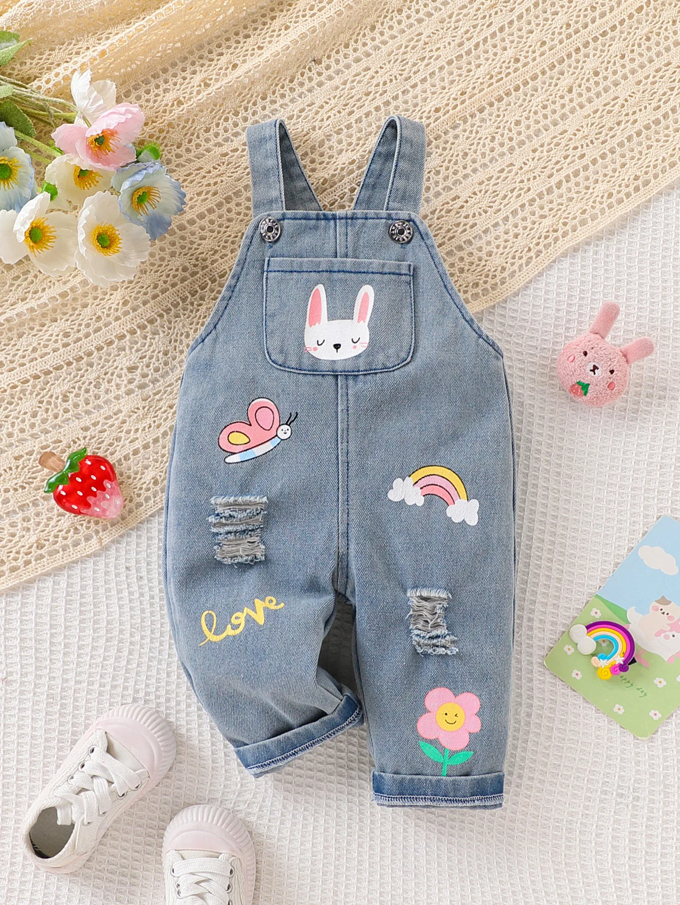 Cute Cartoon Children's Denim Overalls with Ripped Design, Rabbit, Butterfly, and Flower Prints, Soft and Comfortable, Stylish for Outdoor Wear, Unisex Baby Jumpsuit