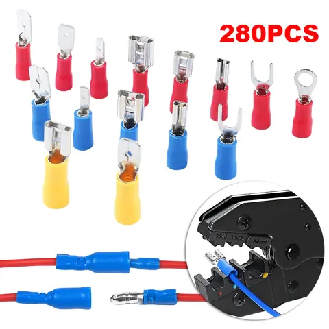280 Uds. Conector de Cable aislado, terminales enrollados, Kit surtido de terminales de pala de engarzado macho hembra surtido