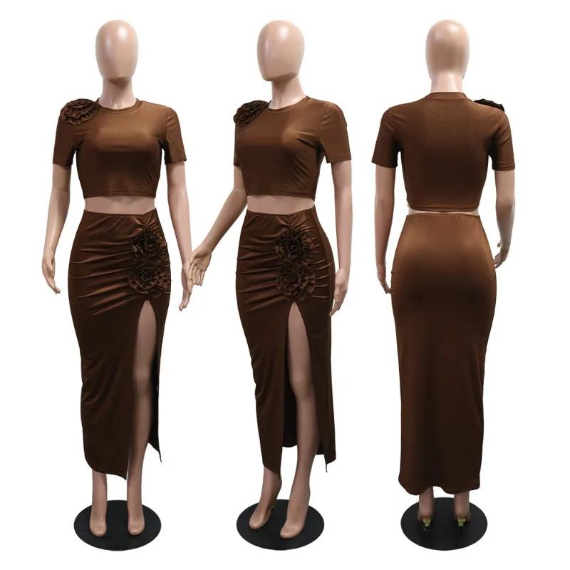 KEXU 여성 3D 플라워 반팔 O넥 티셔츠 탑과 맥시 롱 스커트 슈트 2025 스트릿 여름 투피스 세트 의상