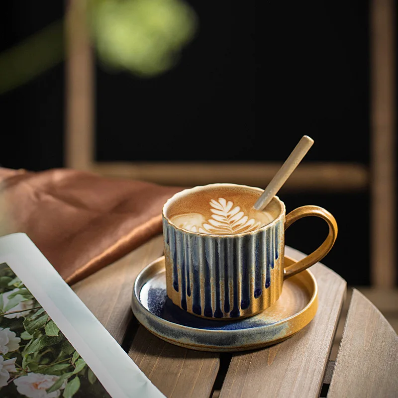 Coarse Pottery and Saucer Set Handmade Japanese Retro Art Ceramic Pour Over Coffee Water Cup - view 2