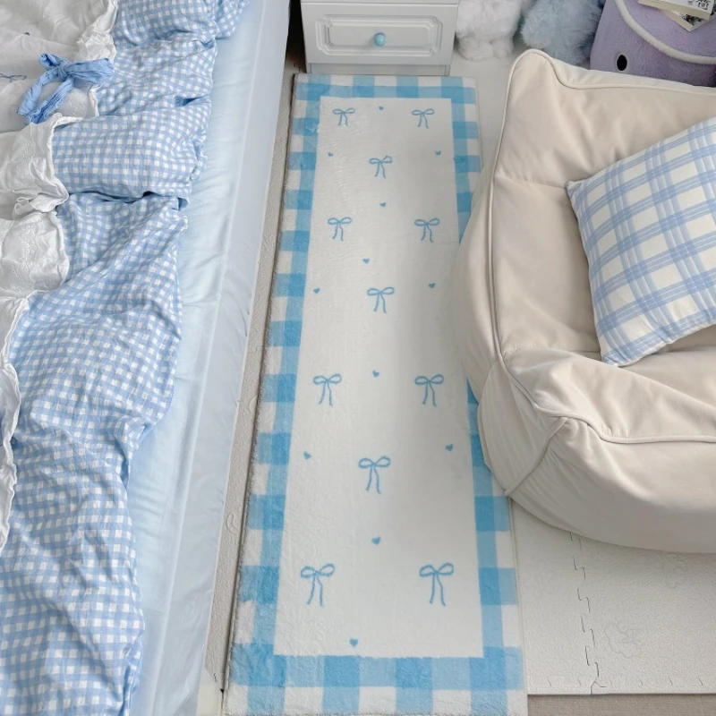 

Прикроватный ковер для спальни Синий Розовый Лук Длинная полоска Мягкий плюшевый ковер Ins Стиль Декор комнаты Коврики для бегунов Мягкий пушистый плюшевый напольный коврик