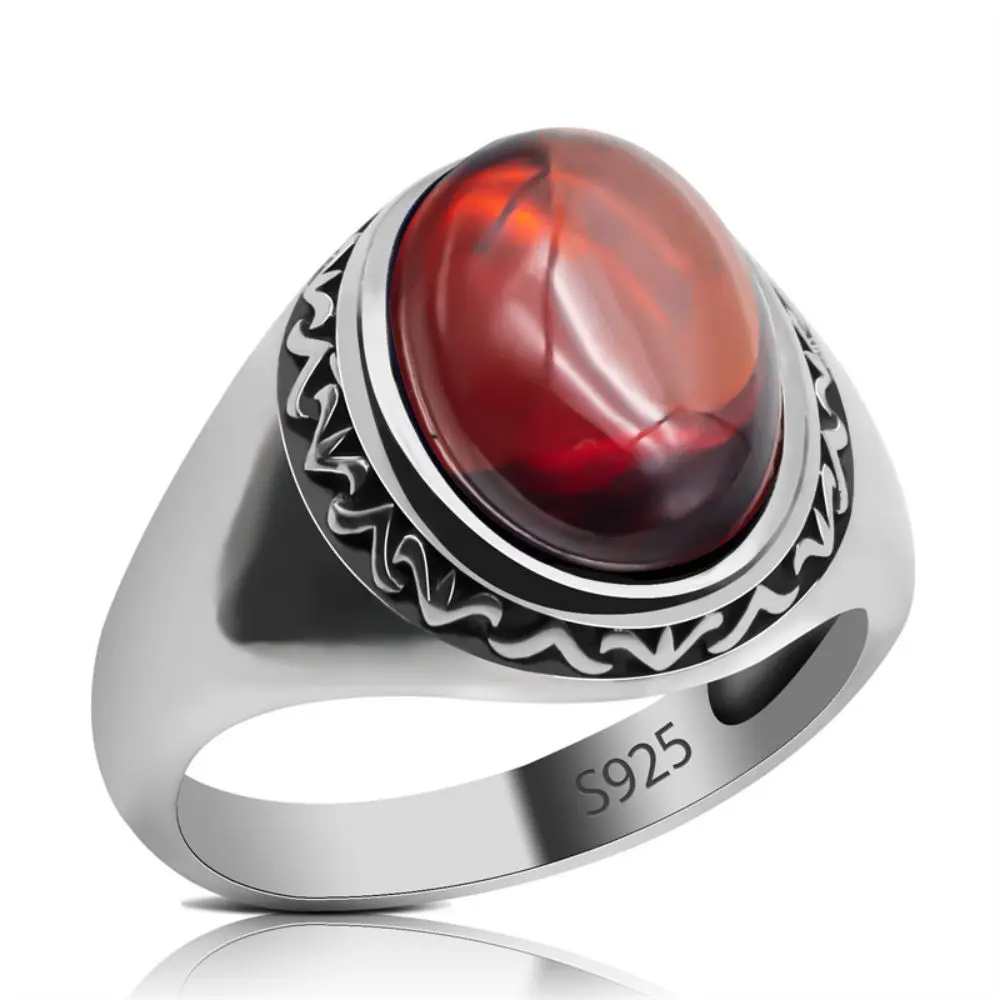 925 Sterling Silver Mens Ring Red Cubic Zirconia Stone Handmade Vintage Hand Ring Jewelry Fast Shipping