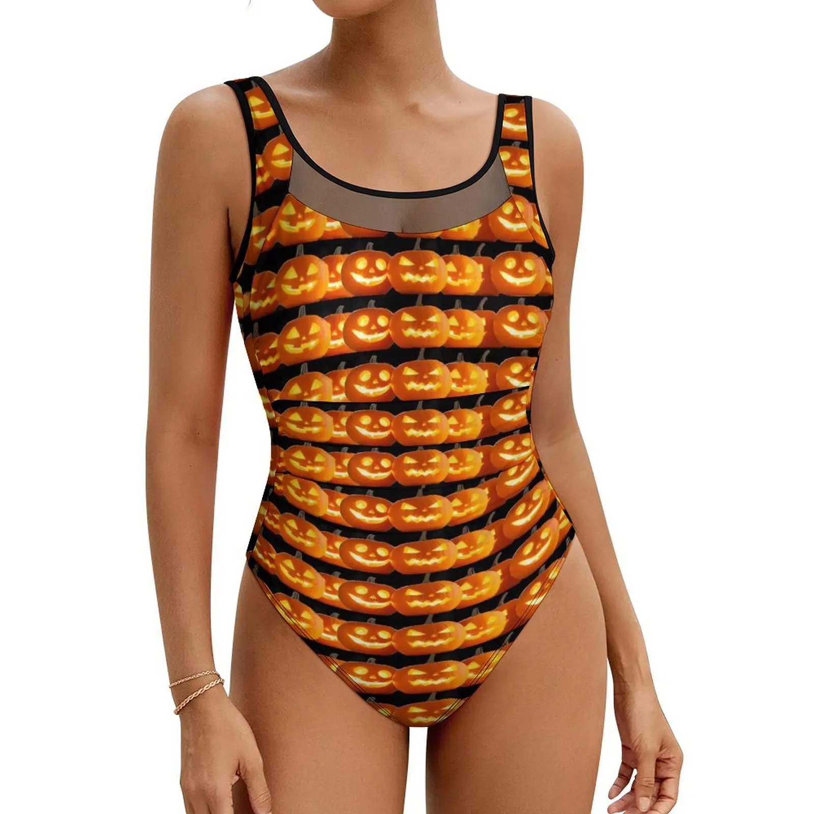 

Pumpkin Print Swimsuit Sexy Happy Halloween Ladies Swimwear One Piece Retro Bodysuit Sport Push Up High Cut Beach Wear
