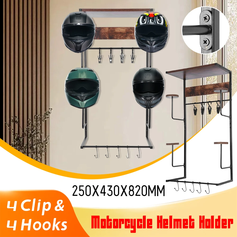 

4 Tier Motorcycle Helmet Rack Wall Mount with Hooks Clips Gloves Chips for Helmets Gear Clothes Accessories Display Organizer ﻿