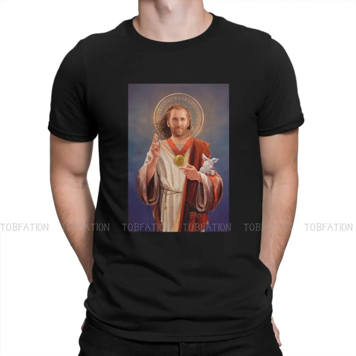 Original Religious Painting Nicolas Cage Tshirt Top Cotton Big Size O-Neck Men's Tops Graphic Men T shirt