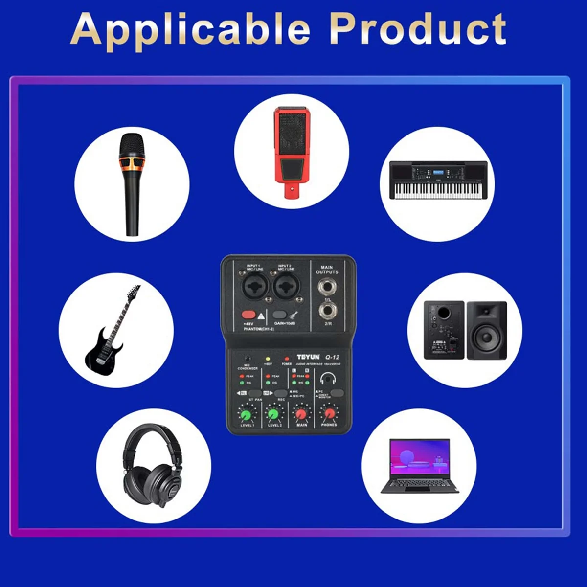 BFYLW TEYUN Q12 คอมพิวเตอร์บันทึกเสียงการ์ด 16Bit/48KHZ การ์ดเสียงแบบพกพาผสมสําหรับกีตาร์ Home Studio Music Pro Q12