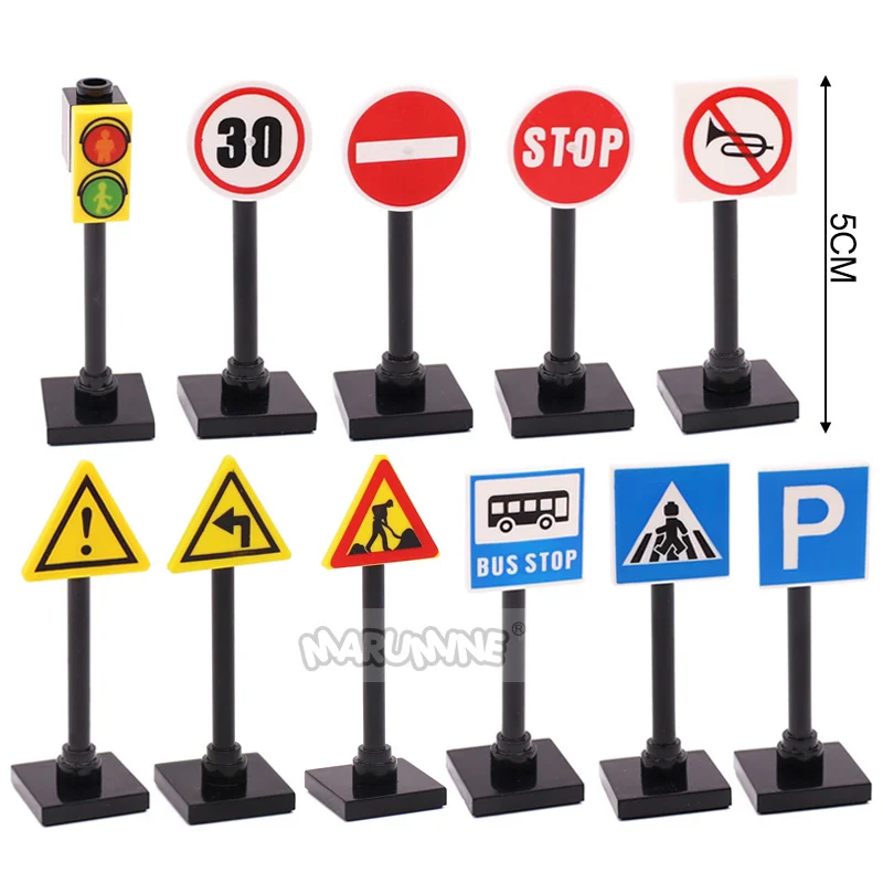 Marumine Traffic Road Sign Light Lamp MOC Block Brick Parts City Street View Building Accessories Barrier Speed Limit Warning