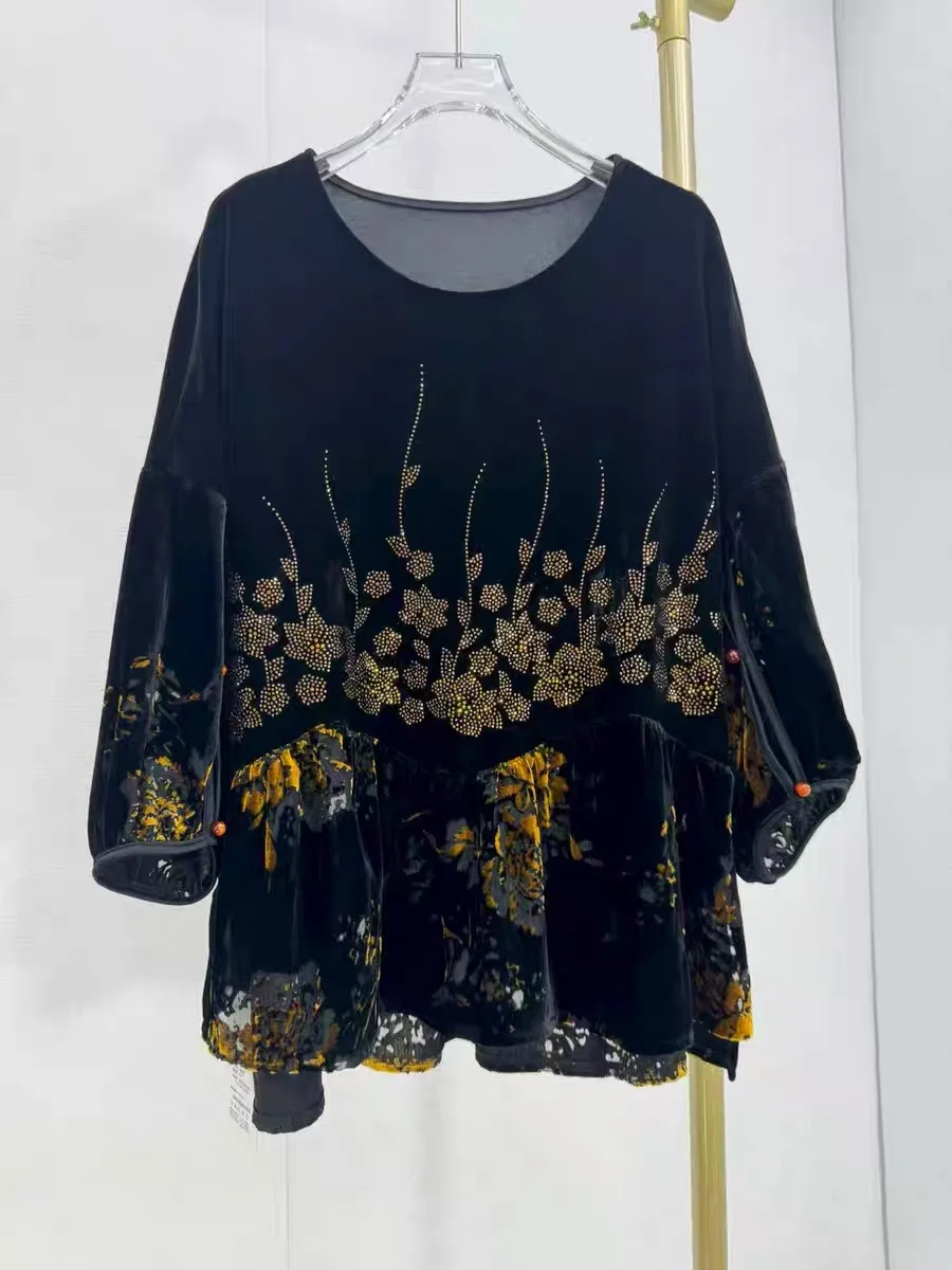 

plus Size Velvet irt Tee Quarter Sve T-irt for Middle-Aged Women Autumn Faion Korean Sle Straight Cut ket Detail