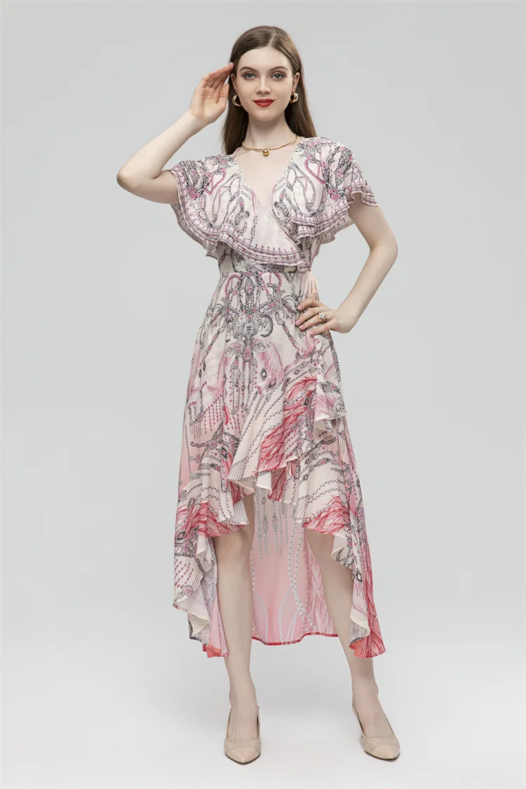 

New Summer Fashion Designer Gorgeous Women V-Neck Short Sleeve Irregular Slit Ruffles Holiday Party Print Long Dress